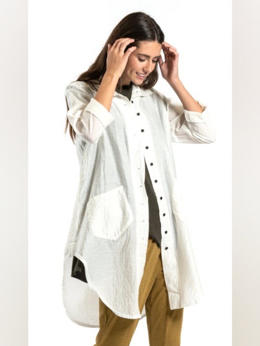 Lightweight White Long Button-Front Shirt Jacket
